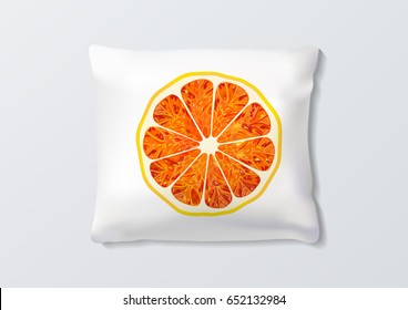 Realistic pillows with orange slice for interior design. Vector image.