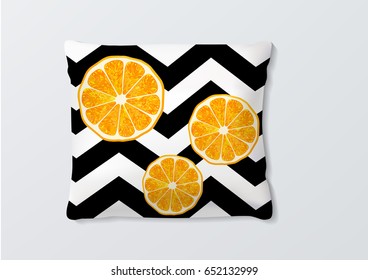 Realistic pillows with orange slices and geometric lines pattern for interior design. Vector image.