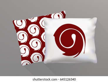 Realistic pillows with orange swirl pattern for design. Vector image.