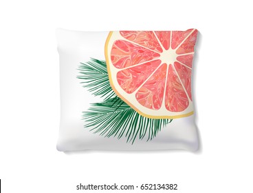 Realistic pillows with palm leaves and orange slice for interior design. Vector image.