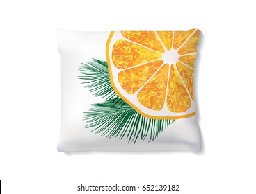 Realistic pillows with palm leaves and orange slice for interior design. Vector image.