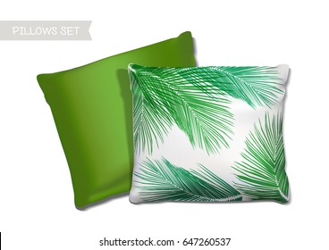 Realistic pillows with palm leaves pattern for design. Vector image.