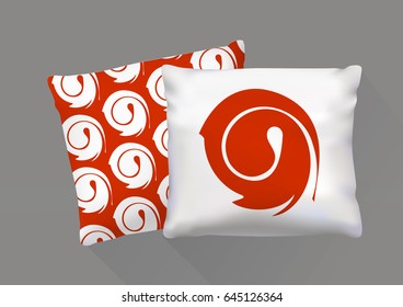 Realistic pillows with red swirl pattern for design. Vector image.