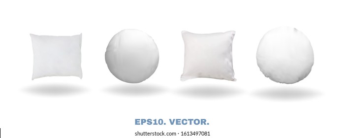 Realistic Pillows With Soft Shadows. Comfort Bed Cushions, Blank Pillows For Rest And Sleep. Square And Round 3D Mockups Isolated On White Background For Template Your Design. Vector Illustrations Set