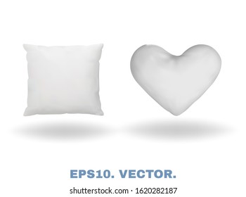 Realistic Pillows With Soft Shadows. Comfort Bed Cushions, Blank Pillows For Rest And Sleep. Square And Heart 3D Mockups Isolated On White Background For Template Your Design. Vector Illustrations Set