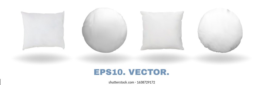 Realistic Pillows With Soft Shadows. Comfort Bed Cushions, Blank Pillows For Rest And Sleep. Square And Round 3d Mockups Isolated On White Background For Template Your Design. Vector Illustrations Set