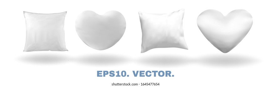 Realistic Pillows With Soft Shadows. Comfort Bed Cushions, Blank Pillows For Rest And Sleep. Square And Heart Mockups Isolated On White Background For Template Your Design. Vector Illustrations Set.