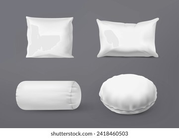 Realistic pillows. Square and round cushions collection. White blank comfortable orthopedic pillow with soft feather or synthetic filling. Bed accessory. Bedroom isolated element. Vector isolated set