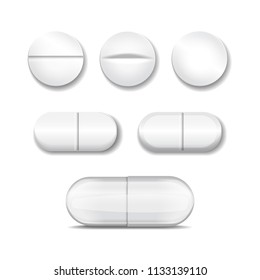 Realistic pills in any shapes and forms. Vector set of oval, round and capsule shaped tablets. Medicine and drugs for your design