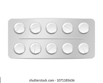 Realistic pills blister with capsules. Realistic mock-up of drug tablet for illness and pain treatment: painkiller, vitamin, antibiotic, aspirin, medical care pharmaceutical illustration.