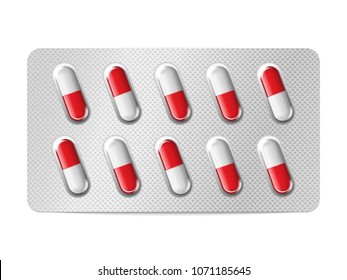 Realistic pills blister with capsules on white background. Realistic mock-up of pills packaging medicines, tablets, capsules, drug of painkillers, antibiotics, vitamins. Healthcare medical.
