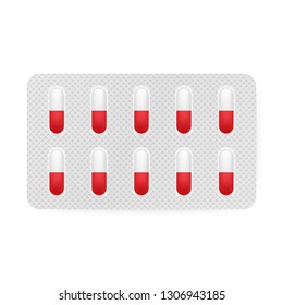 Realistic pills blister with capsules on white background. Realistic mock-up of pills packaging medicines, tablets, capsules. Vector stock illustration.