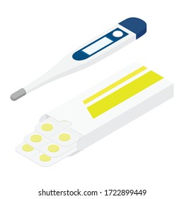 Pastillas realistas en blíster y termómetro digital. Vista isométrica. Vector