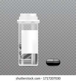 Realistic pills bottle.  Pharmaceutical product packaging mockup. Vector  illustration