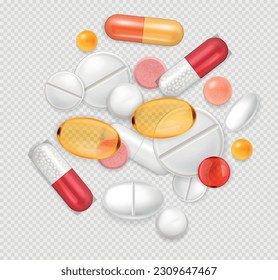 Realistic pills capsules composition with bunch of medical drugs vitamins and nutritional supplements on transparent background vector illustration