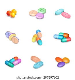 Realistic pills and capsules in different colors icons set isolated vector illustration 