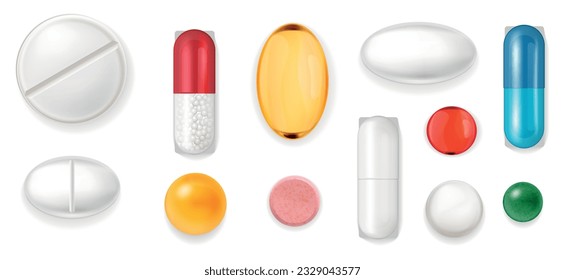 Realistic pills and capsules set of isolated images with top view of various shape and color vector illustration