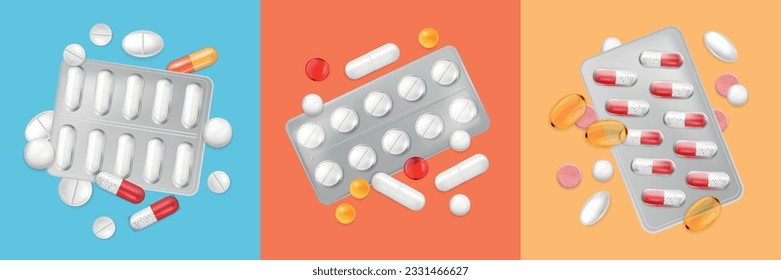 Realistic pills capsules set of three square compositions with bunches of medical drugs and silver blisters vector illustration