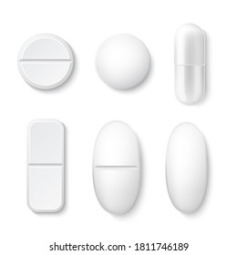 Realistische Pillen und Medikamente weiße Modell mit verschiedenen Formen. Vektor-Tabletten, Kapseln, Pillen für Schmerzmittel, Vitamine oder Antibiotika Arzneimitteldesign.