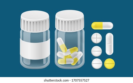 Realistic pills in a jar. Сapsules, round tablets with quarters, tablets with halves. Empty jar from transparent plastic or glass with screw cap. 
Vector medicine set. 
Pharmaceutical medical concept.