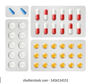 Realistic pills packing vector. Medications, drugs, vitamins isolated on white background. Illustration of tablet vitamin and pharmaceutical pill pack