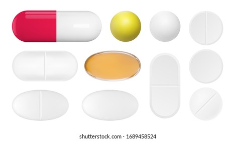 Realistic pills set. Isolated pharmaceutical drugs. Vector medications mockup