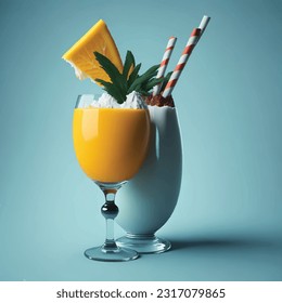 Realistic pina colada cocktail with cream, fresh fruit and mint