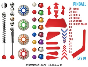 Realistic pinball elements. Colored bumpers and flippers kit. Realistic set with different tools. Game design and creative concepts. Vector Illustration isolated on white background.