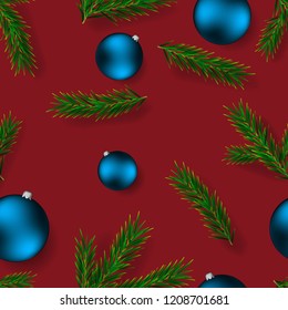 Realistic Pine Branches seamless pattern and Blue Christmas Ball on Red Background. Vector Illustration