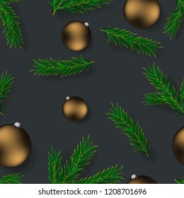 Realistic Pine Branches seamless pattern and Golden Christmas Ball on Grey Background. Vector Illustration