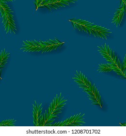 Realistic Pine Branches seamless pattern on Blue Background. Vector Illustration