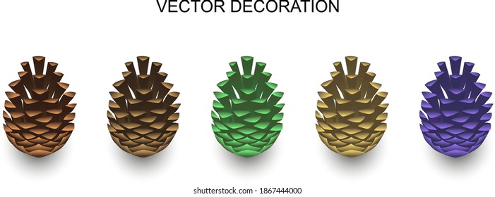 Conos de pino realistas. Conjunto de colores aislado. Vector.