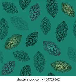 Realistic pine cones on green seamless pattern. Vector hand-drawn illustration