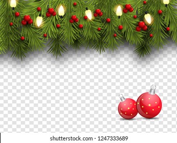 Realistic pine leaves, baubles and holly berries decorated on png background for Merry Christmas celebration.