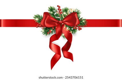 Realistic pine tree branches with red bow and ribbons. Christmas tree decoration for holiday banners, party posters, cards, headers, social media. Transparent background in vector file.