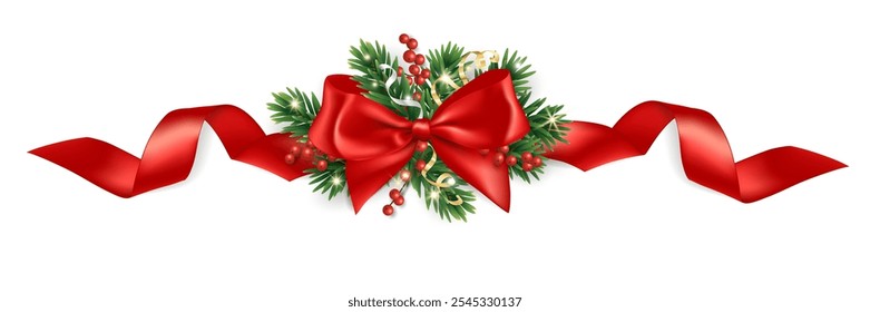 Ramas de pino realistas con lazo rojo y cintas. Decoración del árbol de Navidad para Anuncios de vacaciones, carteles de fiesta, tarjetas, encabezados, redes sociales. Fondo transparente en el archivo de Vector.