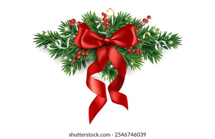 Realistic pine tree branches with red bow and ribbons. Christmas tree decoration for holiday banners, party posters, cards, headers, social media. Transparent background in vector file.