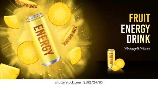 Realistic pineapple energy drink in an aluminum can with flying fruit on a dark background. Banner concept for advertising fresh cold drinks with text