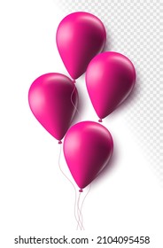 Realistic pink 3d balloons isolated on transparent background. Air balloons for Birthday parties, celebrate anniversary, weddings festive season decorations. Helium vector balloon illustration.