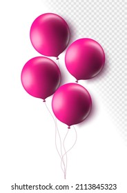 Realistic pink 3d balloons isolated on transparent background. Air balloons for Birthday parties, celebrate anniversary, weddings festive season decorations. Helium vector round balloon illustration.