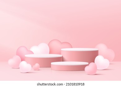 Realistic pink 3D cylinder pedestal podium set with balloons heart shape. Valentine minimal scene for products showcase, Promotion display. Abstract studio room platform design. Vector illustration.