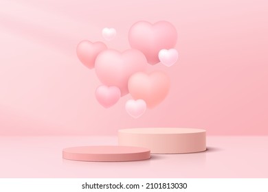 Realistic pink 3D cylinder pedestal podium set with floating balloons heart shape. Valentine pastel minimal scene for products showcase, Promotion display. Vector abstract studio room  platform design