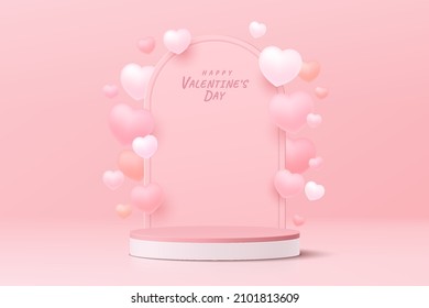 Realistic pink 3D cylinder pedestal podium with floating balloons heart shape. Valentine pastel minimal scene for products showcase, Promotion display. Vector abstract studio room  platform design.