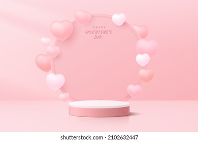 Realistic pink 3D cylinder pedestal podium with circle backdrop and floating balloons heart shape. Valentine pastels cene for products showcase, Promotion display. Vector abstract room platform design