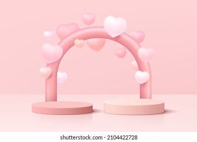 Realistic pink 3D cylinder pedestal podium set with floating balloons heart shape. Valentine pastel minimal scene for products showcase, Promotion display. Vector abstract studio room  platform design