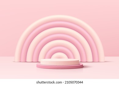 Realistic Pink 3D Cylinder Pedestal Podium With Pink And White Balloon Arch Shape. Valentine Pastel Minimal Scene For Products Showcase, Promotion Display. Vector Abstract Studio Room  Platform Design