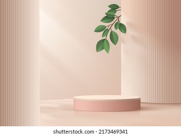 Podio peatonal del cilindro 3D rosado realista con pilar beige y fondo de hoja verde. Formas geométricas de lujo vectorial. Resumen de escena mínima para productos de maquillaje, escaparate de escenario, presentación de promoción.