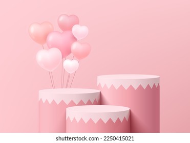 Realistic pink 3D cylinder pedestal podium set with pastel pink valentine day background. Heart balloon. Minimal wall scene mockup product stage showcase, Promotion display. Abstract vector geometric.