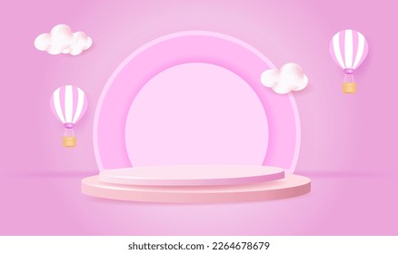 Realistic pink 3D cylindrical pedestal podium with clouds and balloons. Pastel minimal scene for product exhibition, promotion display. Abstract studio room platform design