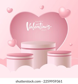 Realistic pink 3D cylindrical podium with heart shaped background for valentine's day. Valentine's day minimal scene for products showcase, Promotional display. Vector studio room platforms.